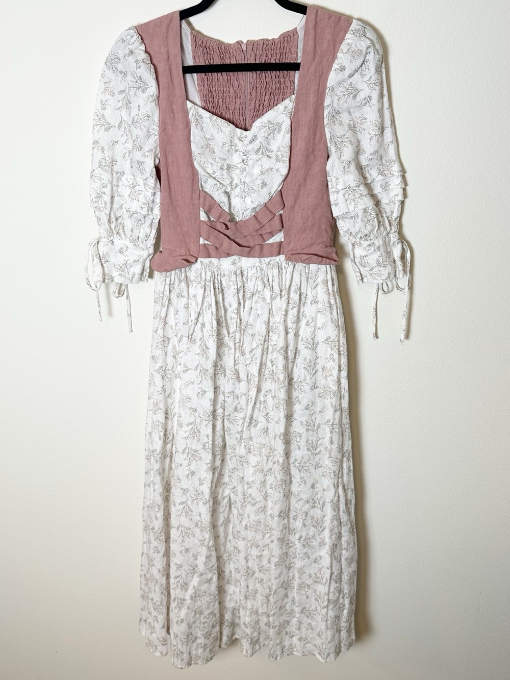 Linennaive Pink White Floral Linen Midi Dress Corset Top Cottagecore OS